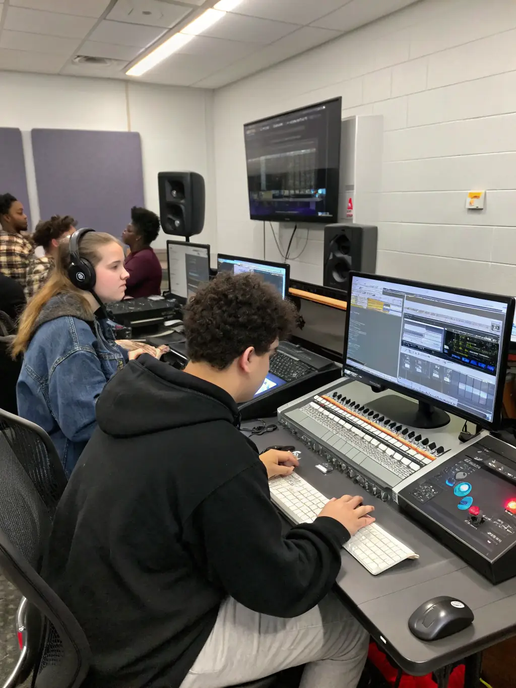 A professional photograph of a music production workshop, showing participants actively engaged in learning about sound engineering and music production techniques.