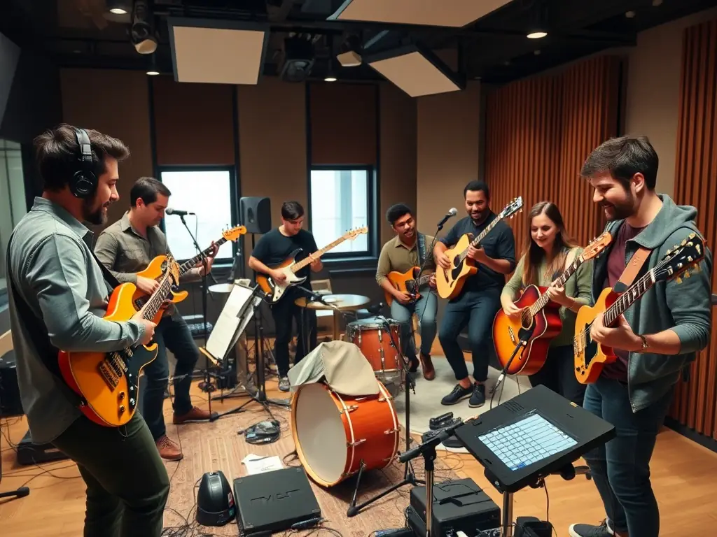 A dynamic image showcasing a diverse group of musicians collaborating in a recording studio, surrounded by instruments and sound equipment, reflecting the collaborative and creative environment fostered by CRIMSON MOJO PRODUCTION's artist development programs.