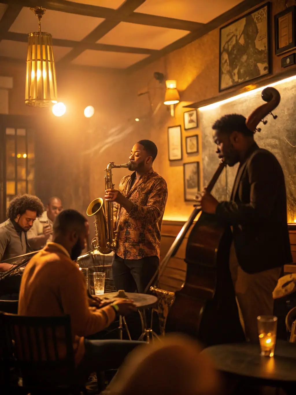 A photograph capturing a jazz band performing live on stage in a dimly lit club, emphasizing the soulful atmosphere and the energy of the performance. The image should convey the intimacy and artistry of a live jazz event.