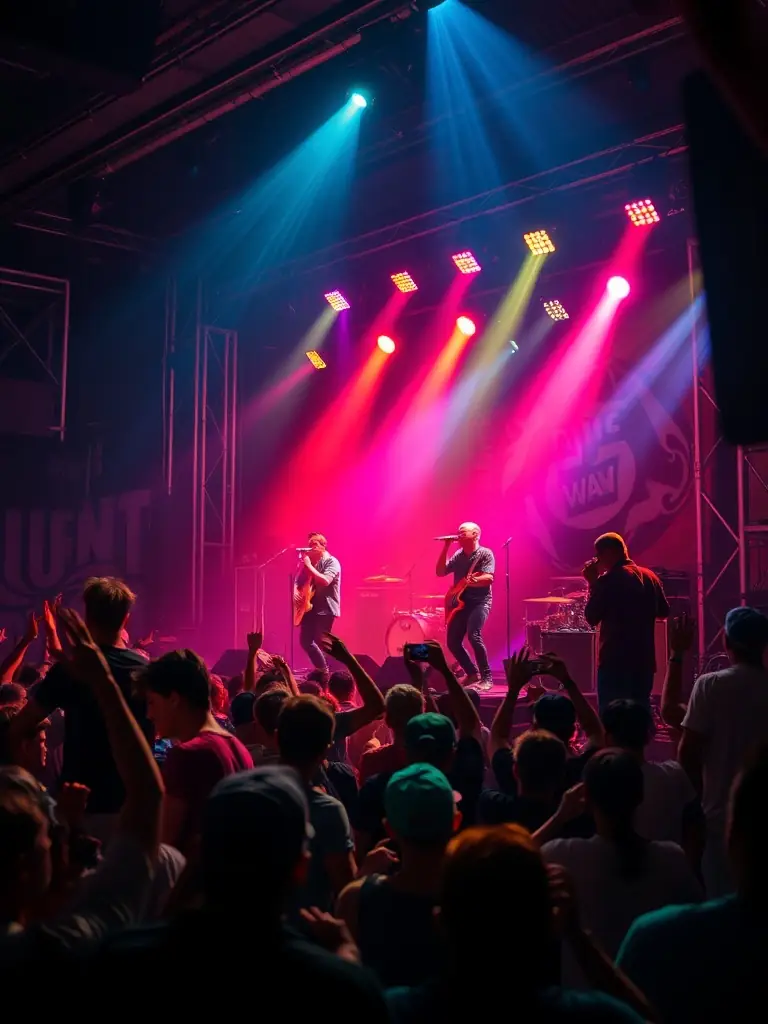 A vibrant image of a live band performing on stage at a CRIMSON MOJO PRODUCTION-supported concert, showcasing the energy and excitement of the event.
