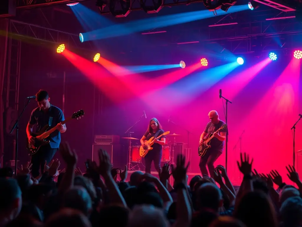 A captivating image of a live concert organized by CRIMSON MOJO PRODUCTION, featuring a talented band performing on stage with vibrant lighting and an enthusiastic audience, highlighting the organization's commitment to live performance support.