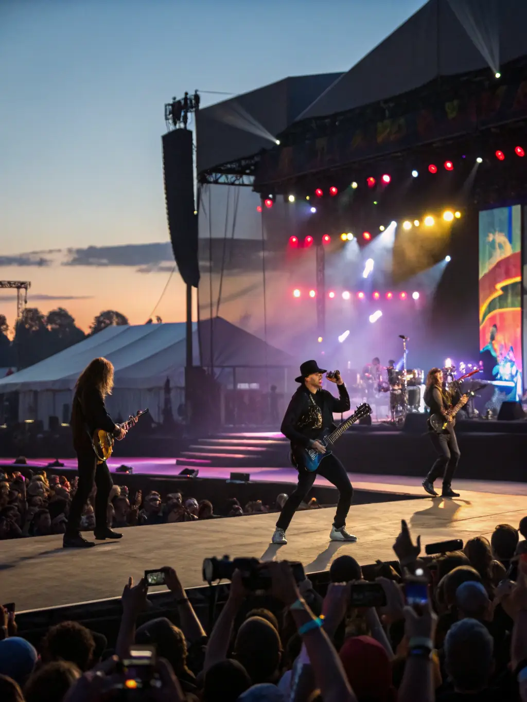 A dynamic image of a rock band performing at an outdoor music festival, with a large crowd visible in the background, capturing the excitement and scale of the event.
