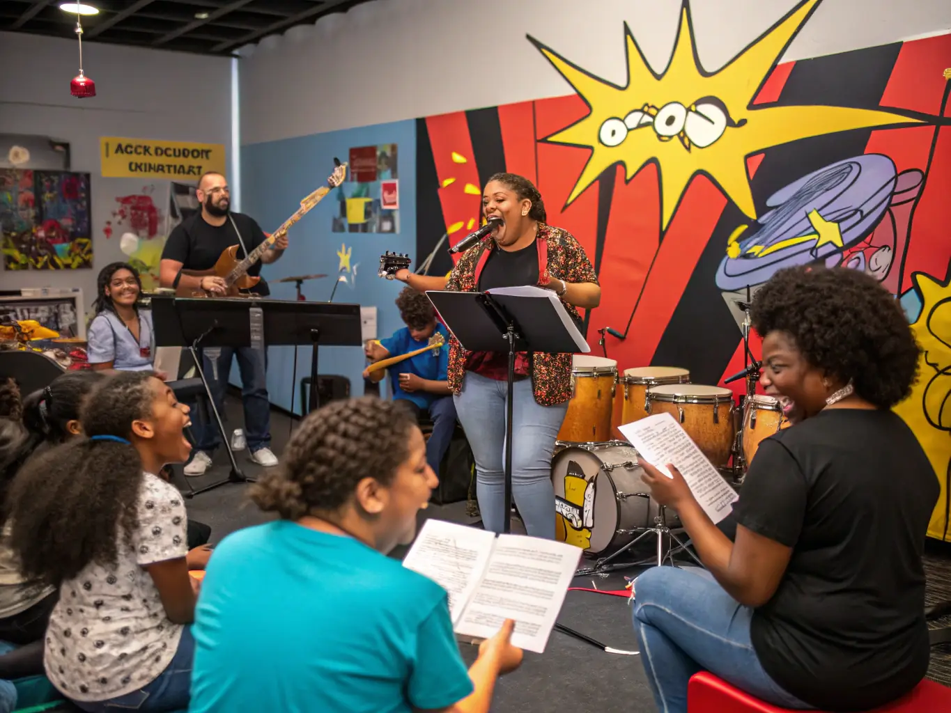 A heartwarming image of community members participating in a music workshop organized by CRIMSON MOJO PRODUCTION, showcasing the organization's dedication to community engagement and providing access to music education.